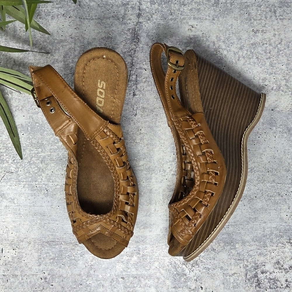 Soda Brown Woven Wooden Platform Wedge Peep Toe Sandals